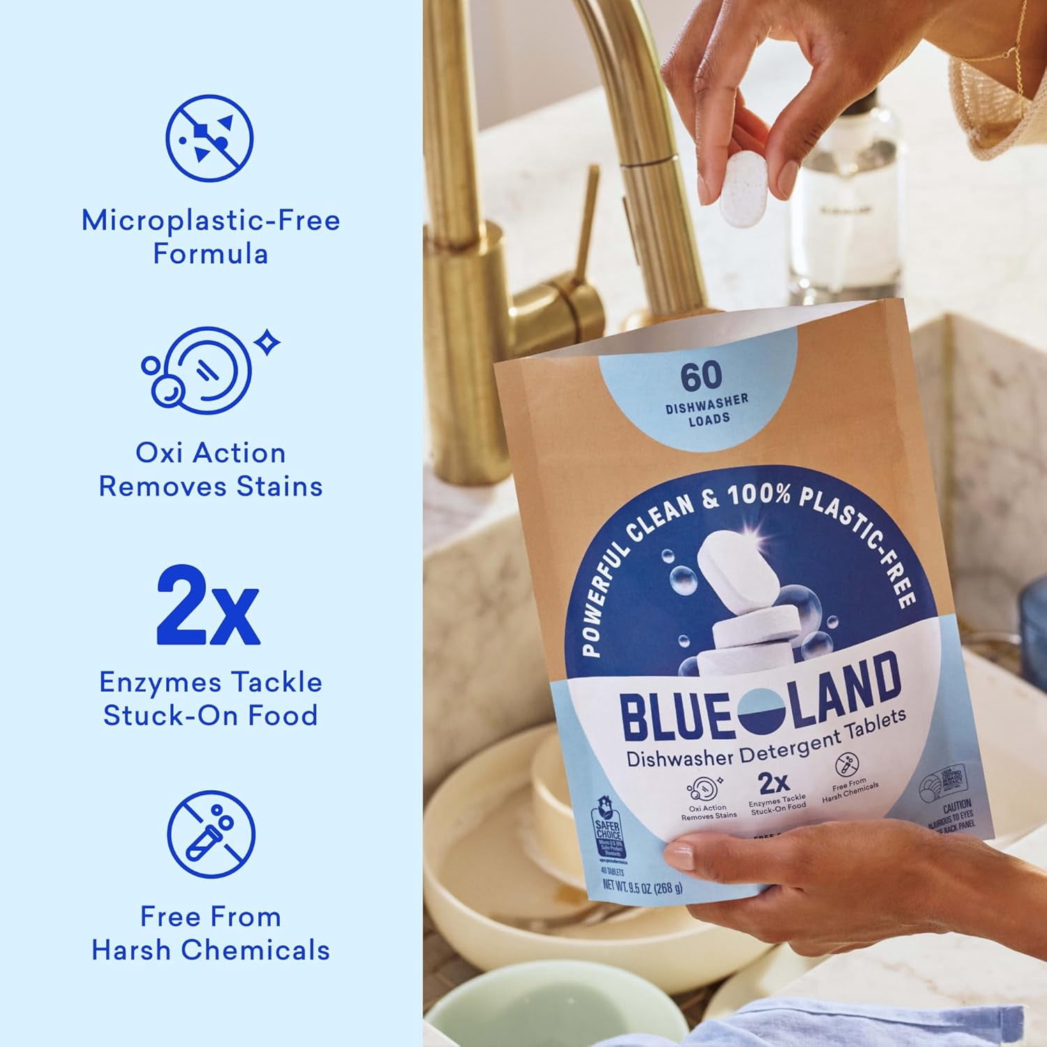 100% Plastic-Free Dishwasher Detergent Tablets, 60 Count, Free & Clear, Eco-Friendly Dishwashing Pods, Natural, USDA Certified biobased