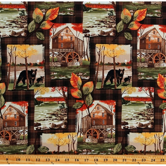 Cotton Watermills Cabins Northwoods Bears Fall Autumn Plaid Cotton Fabric Print by the Yard (NATURE-C7644-MULTI)