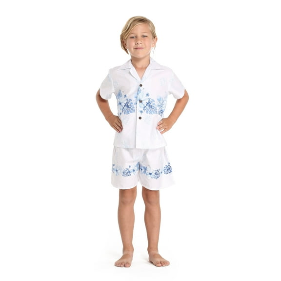 Hawaii Hangover Boy Aloha Luau Shirt Cabana Set in White with Blue Hibiscus
