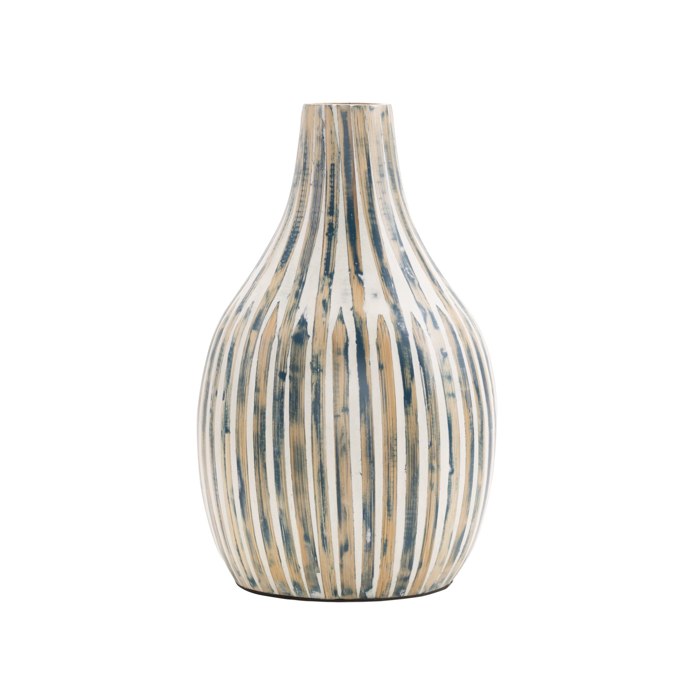 DecMode 16" Brushed Blue Bamboo Wood Vase with Cream Accents and White Stripes