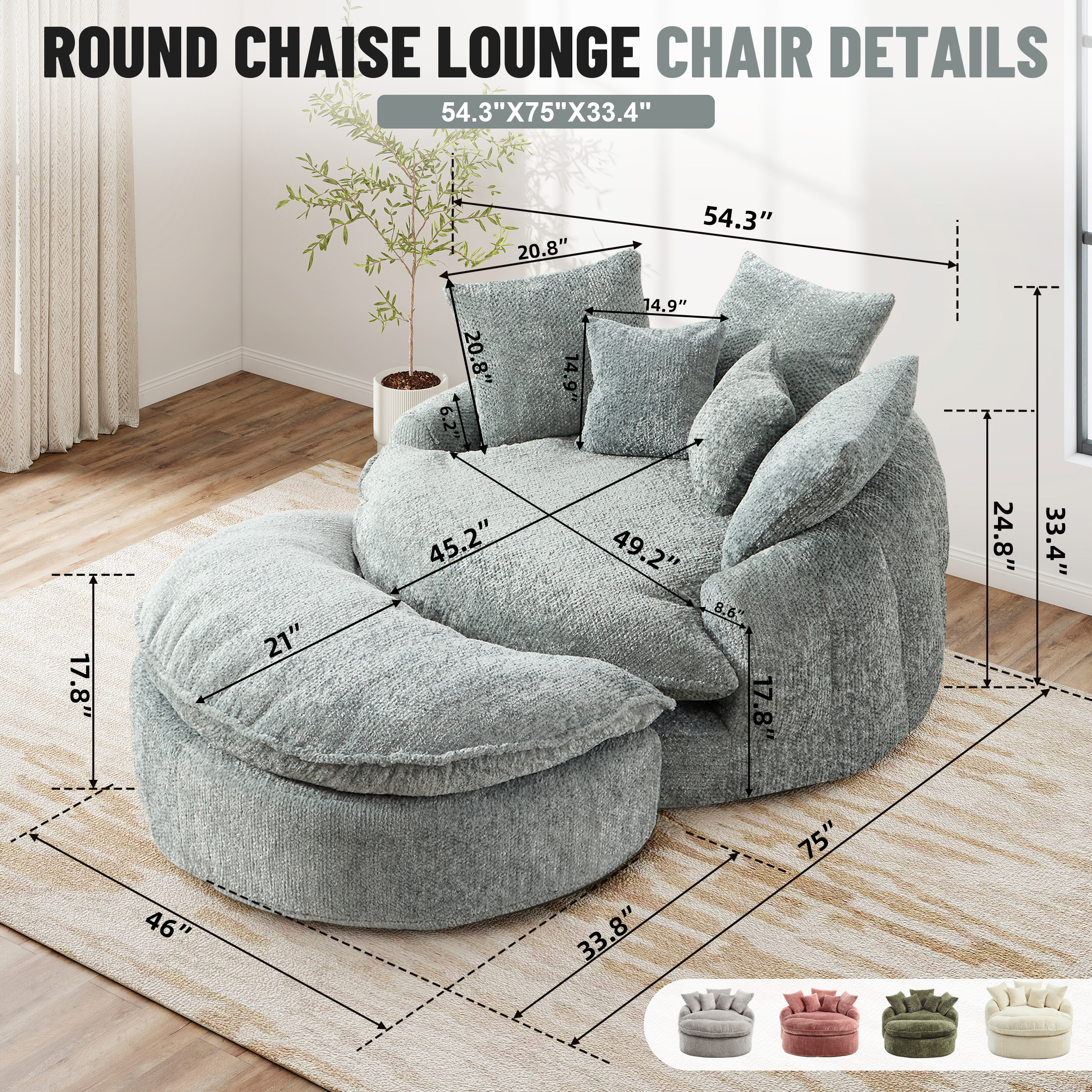 Aukfa 75" Oversized Round Chaise Lounge Chair with Half Moon Ottoman, Boneless Cloud Circle Deep Seat Sofa Set for Living Room, 5 Pillows, No Assembly Required, Light Blue