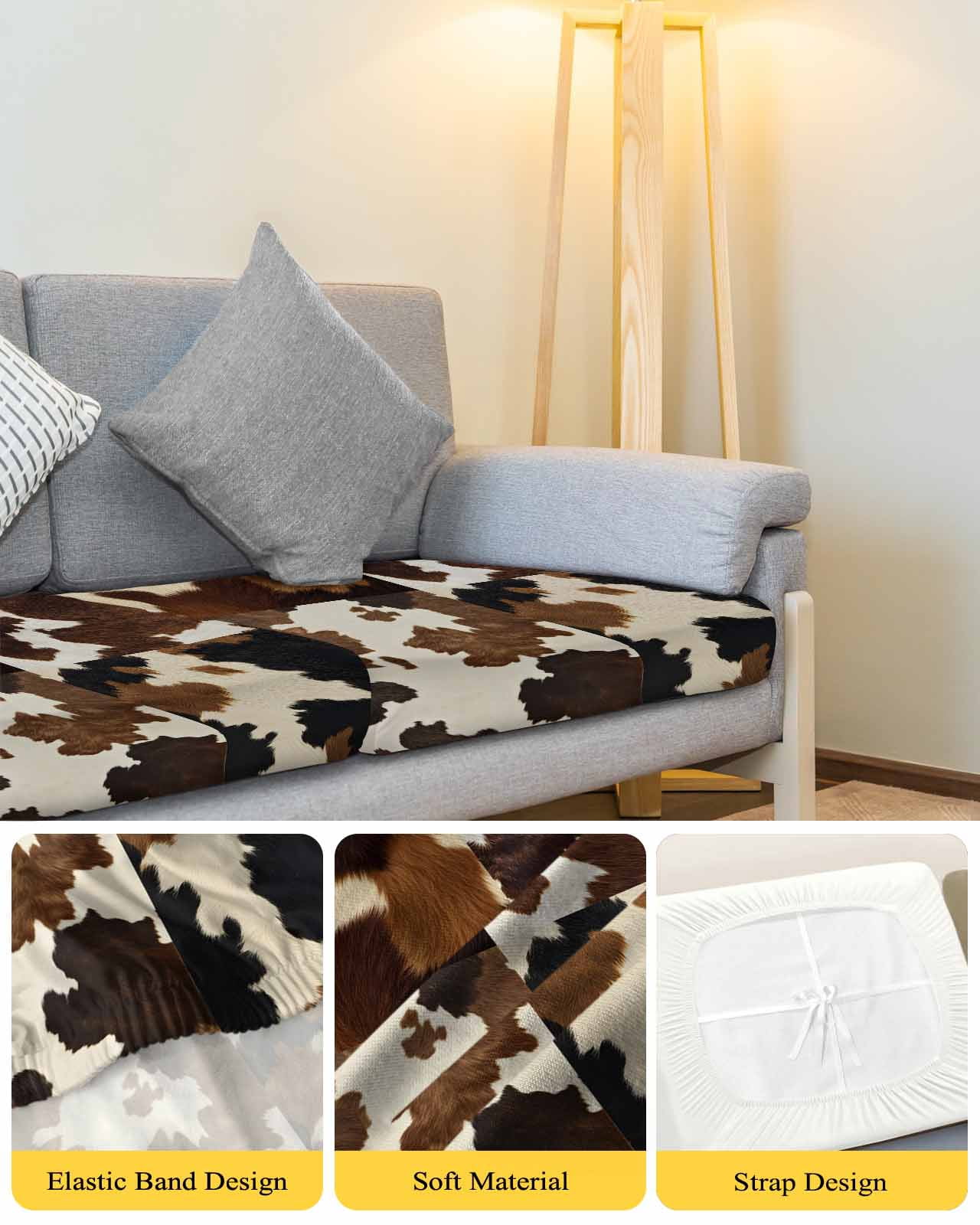 Cow Patterned Couch Cushion Covers,Stretch Seat Cushion Covers for Sectional Sofa,Vintage Farmhouse Abstract Country Western L-shaped Sofa&nbsp;Slipcovers Furniture Protector W/ Elastic Straps 1Pcs,L