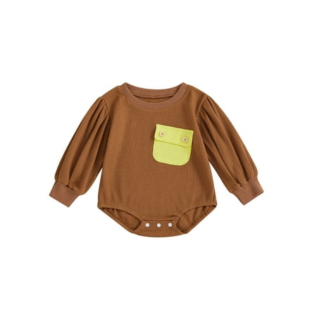 

TOPGOD Baby Boys Girl Romper Long Sleeve Round Neck Chest Pocket Loose Crotch Button Romper