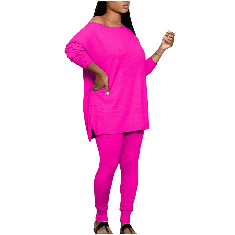 YYDGH Women's Two Piece Outfits Loungewear Sets Fall Oversized Long Sleeve  Sweatshirts Sweatpants Sweatsuits Sets Hot Pink XL