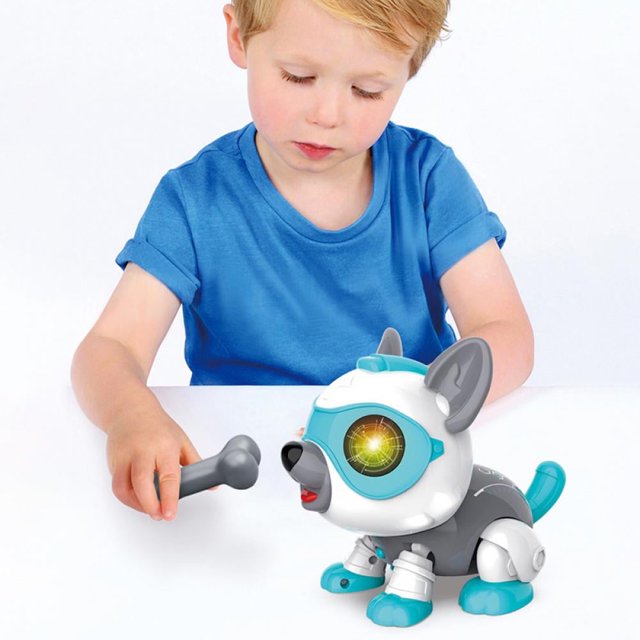 Perro robot para niños, juguetes electrónicos STEM para perros robóticos DIY con control táctil de voz magnético de hueso, juguetes robóticos inteligentes para mascotas que actúan como perros reales,