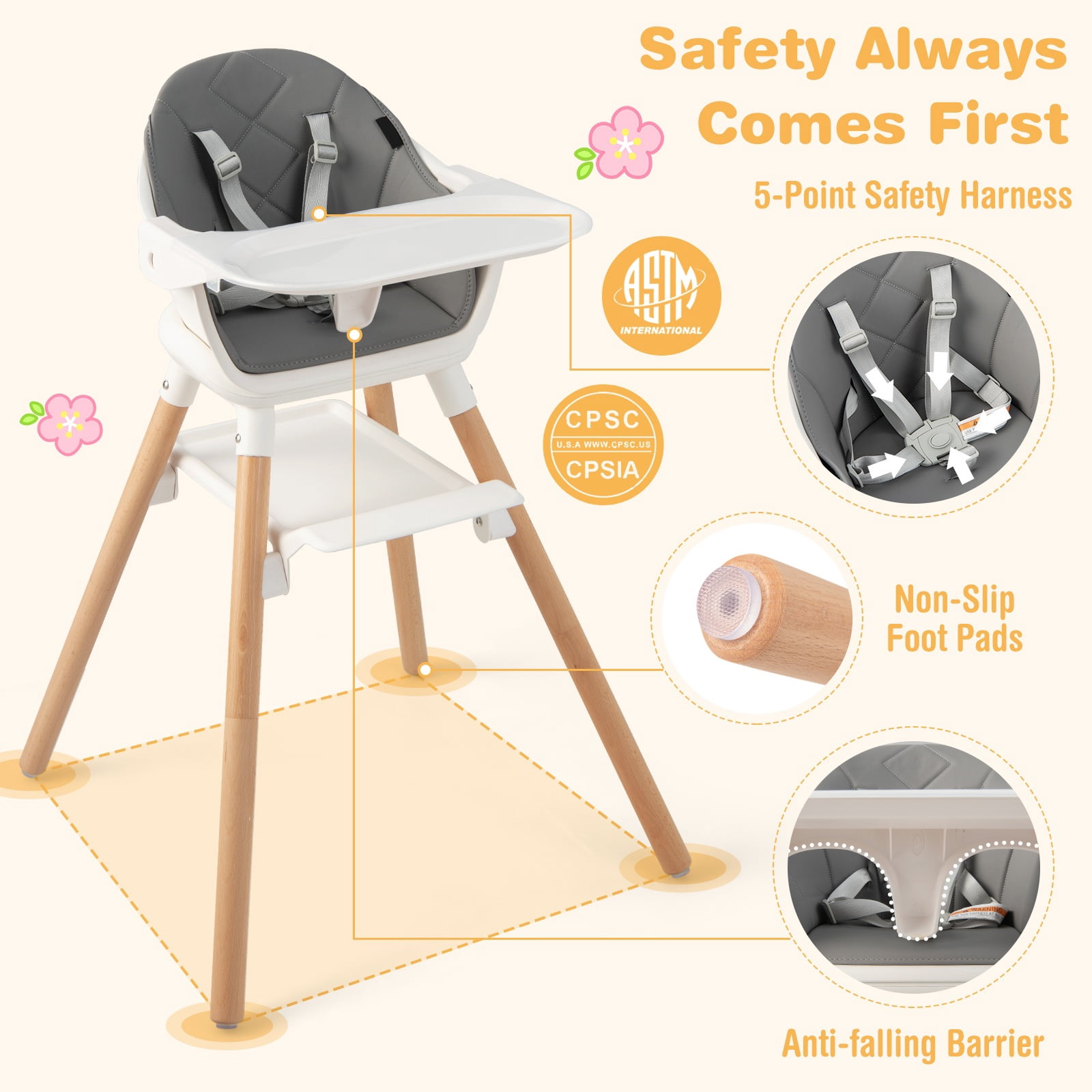 Infans 6-in-1 Convertible Wooden Baby Highchair Infant Feeding Chair w/ Removable Tray