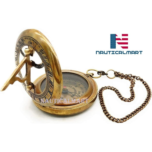 NauticalMart Sundial Compass, Antique Steampunk Brass Sundial Compass,  Sundial Watch with Leather case Sundial