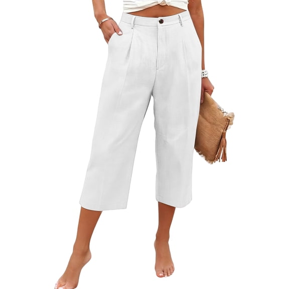 MLQIDK Pedal Pushers for Women Lounge Pant Knee Length Trendy Summer Elastic Waist Lightweight Shorts Dressy Casual Linen Capris with Pockets White XL