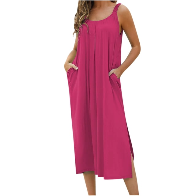 FAIWAD Robe Débardeur d'Été à Dégradé pour Femme Sans Manches à Col Rond Plissée Fendue Robes Fluides Grande Taille Robes Maxi