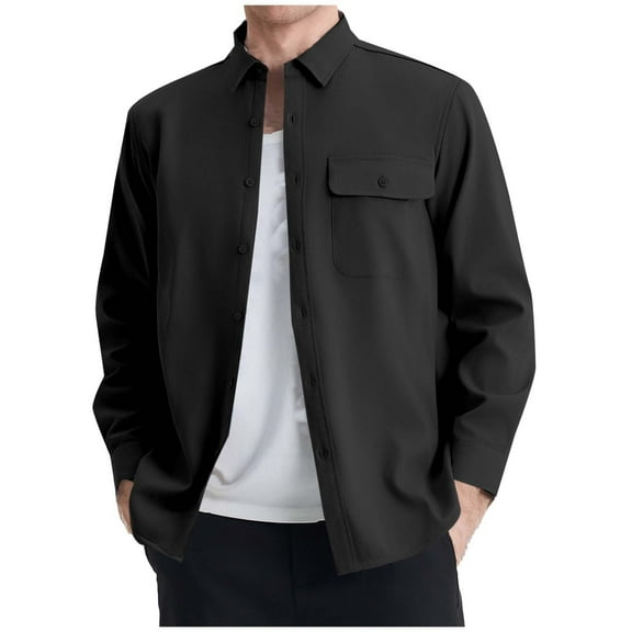 GuangCheng George Mens Fleece Lined Shirt Jackets,Long Sleeve Button Up,Casual,Outerwear with Chest Pocket,Black,L