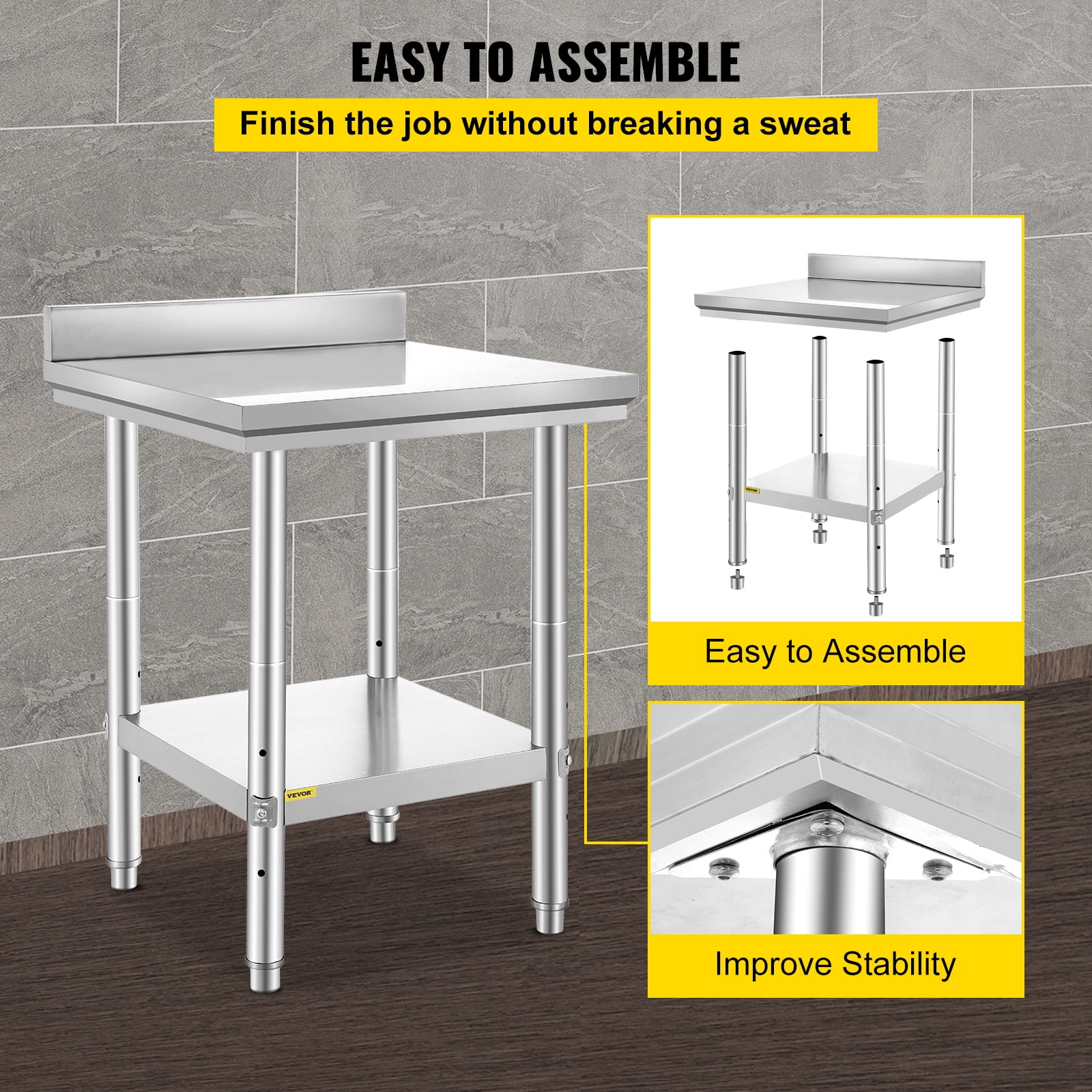 VEVOR Stainless Steel Work Table, Durable Stainless Steel Prep Table with Adjustable Undershelf & Feet, 24 x 24 x 34 Inch, Silver
