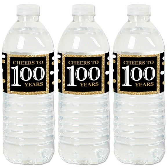 Big Dot of Happiness Adult 100th Birthday - Gold - Birthday Party Water Bottle Sticker Labels - Set of 20