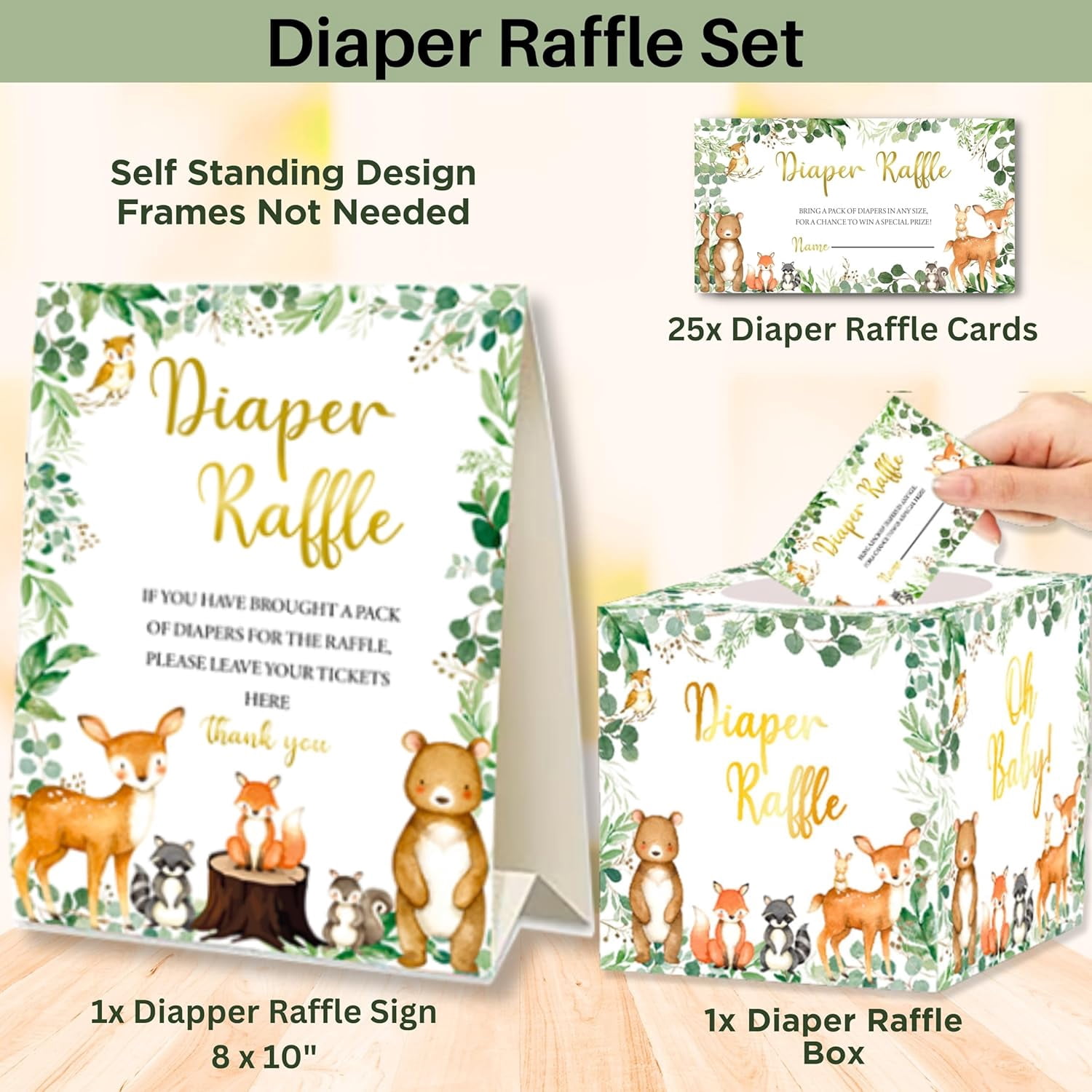 53 Pc Woodland Baby Shower Invitations for Boy or Girl – With Envelopes, Thank You Cards, Book Request, Diaper Raffle Box & Game Cards – Gender Neutral Baby Shower Party Set for 25 Guests