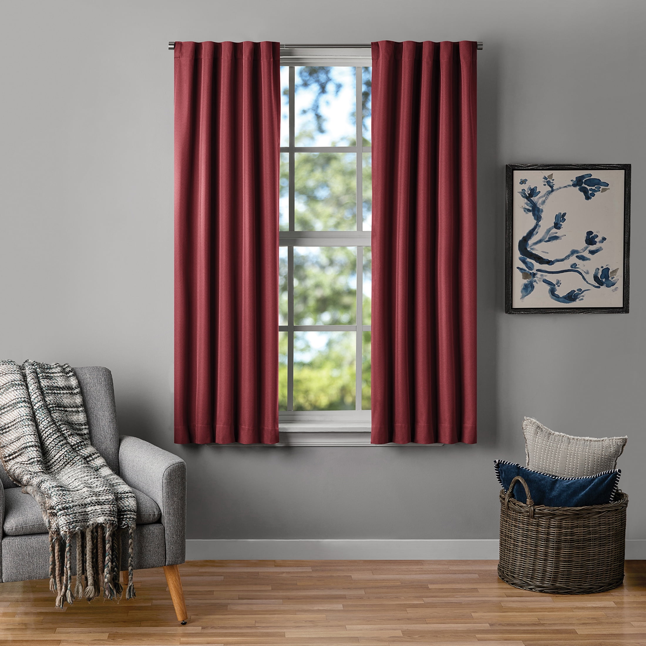 Mainstays Merlot Solid Blackout Rod Pocket with Back Tabs Curtain Panel Pair, Set of 2, 30" W x 63" L
