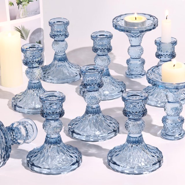 Juego de portavelas Simeitol Glass Blue Taper, juego de 12