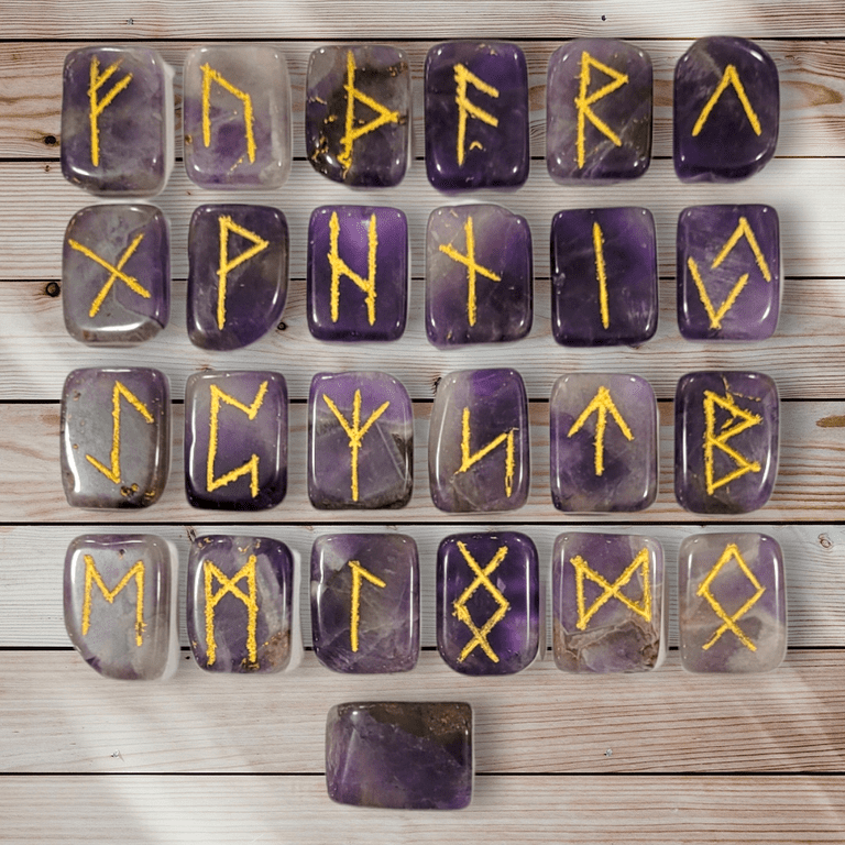 Empyreal Stones Amethyst Runes Crystal Rune Stones Set Elder Futhark Viking  Gemstone Reiki Healing Golden Engraved Runic Alphabets (Amethyst)