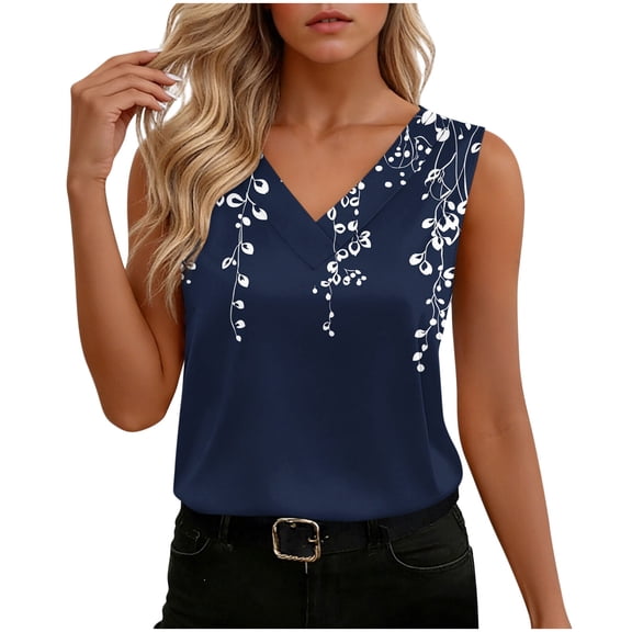 Sakmal V Neck Tank Tops for Women Sleeveless Satin White Shirts Casual Floral Tank Tops for Women L