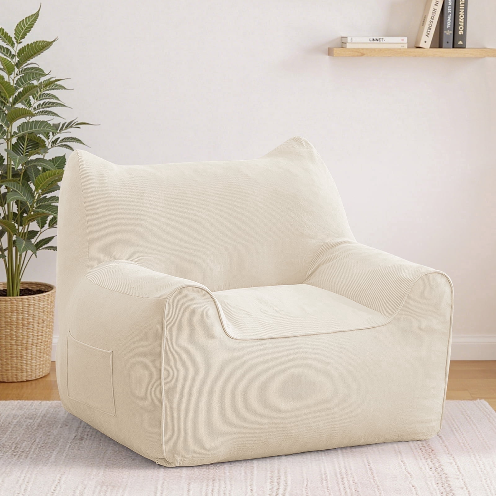 Lusimo Bean Bag Chair for Adults Teens, 3FT Lazy Memory Foam Bean Bag Sofa for Bedrooms, Cat-Ear Design Couch with Corduroy Washable Cover, Lounge Chairs with Pocket for Gaming, Reading, Beige