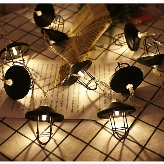 LINLIN Vintage Lampshade String Lights, 3M 20 LED Warm White Metal Lantern Cage Battery Operated Fairy String Lights Great for Home Patio Bedroom Garden Wedding Party Indoor Decoration (Black)