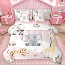 Homewish Cute Elephant Giraffe Twin Bedding Sets 7-Piece, Kawaii Zoo Animal Bedding Comforter Set, Pink Flower Floral Reversible Sheet Sets, Lightweight Room Decor