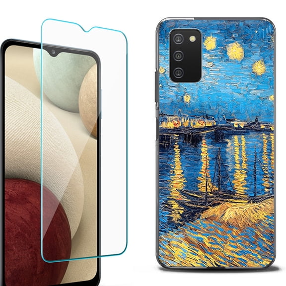 Slim-Fit Protective Fashion Phone Case (Black) for Samsung Galaxy A03s, with Tempered Glass Screen Protector, by OneToughShield ® - Starry Night Rhone