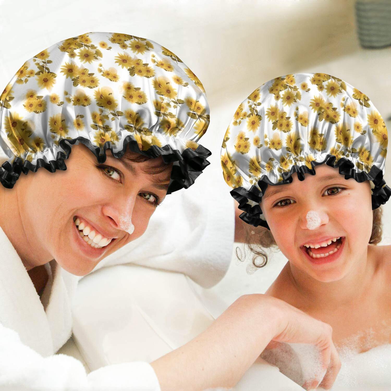 Shower Caps,White Yellow Flower Sunflower Pattern Waterproof Shower Cap for Women 4 Pieces,Double Reusable Hair Cover for Shower PEVA Elastic Stretch Hem