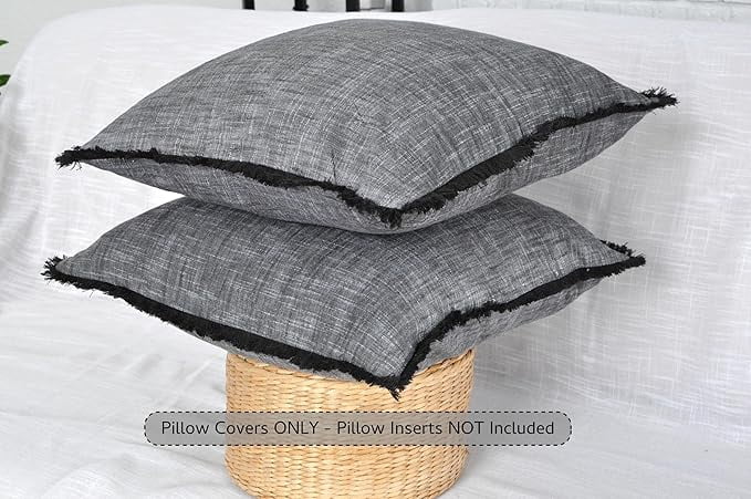 18×18 Grey Organic Cotton Throw Pillow Covers With Decorative Fringe Boho Farmhouse Cushion Cover with Tassels Linen Like Textured Accent Pillowcases for Bed Couch Chair Sofa Living Room, Set of 2