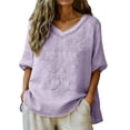 thumbnail image 2 of Ayolanni V-Neck Shirts for Women Casual Short Sleeve Solid Color Embroidered Blouse Vintage Plus Size Shirts Summer Tops for Women, 2 of 8