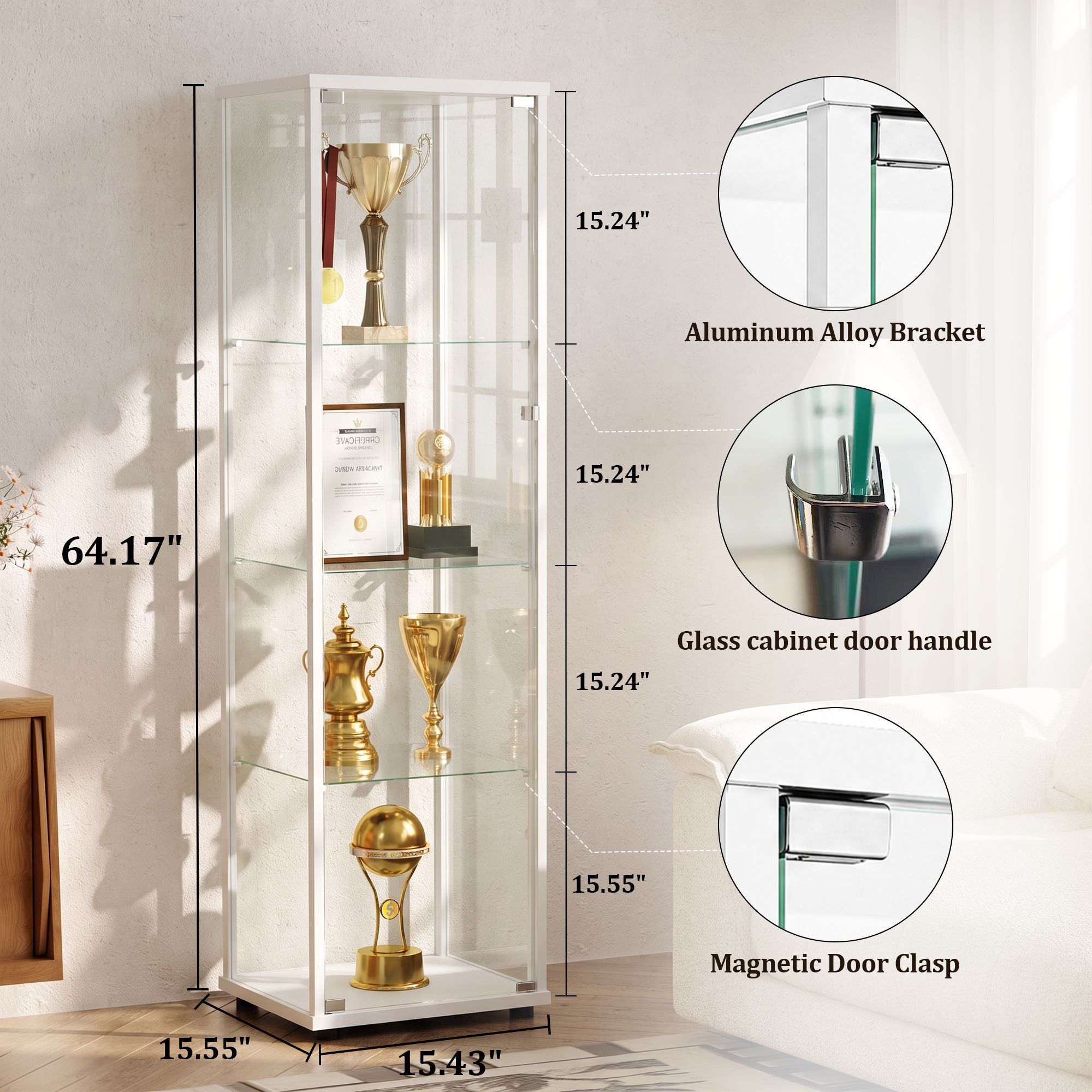 Clarvion 64" Display Cabinet with Glass Door, 4-Tier Tempered Glass Curio Cabinet, Single Door Display Case for Collectibles, White