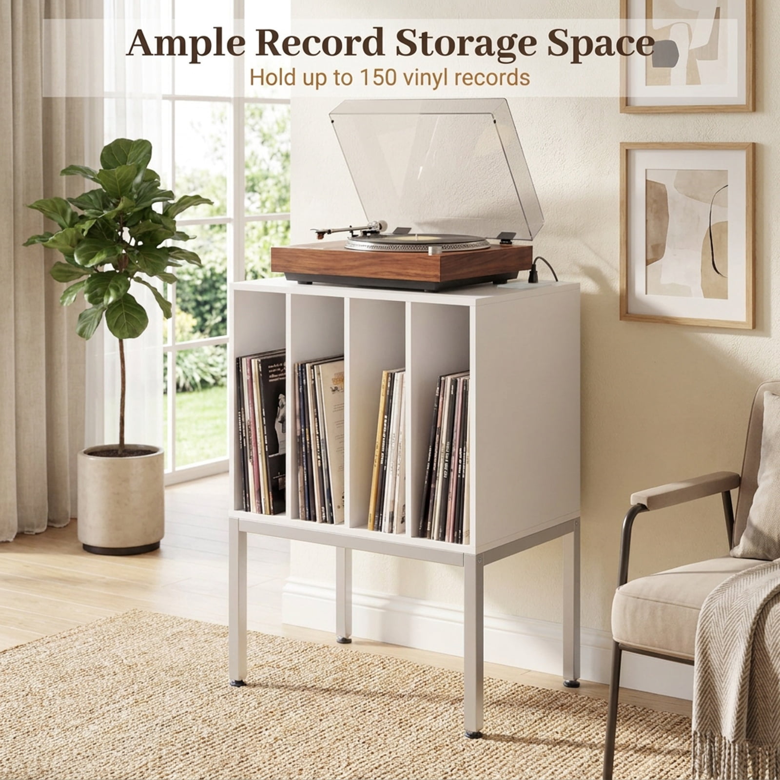 Furnibear Turntable Record Player Stand with Power Outlets USB and Vinyl Storage for Living Room Bedroom and Music Room, White