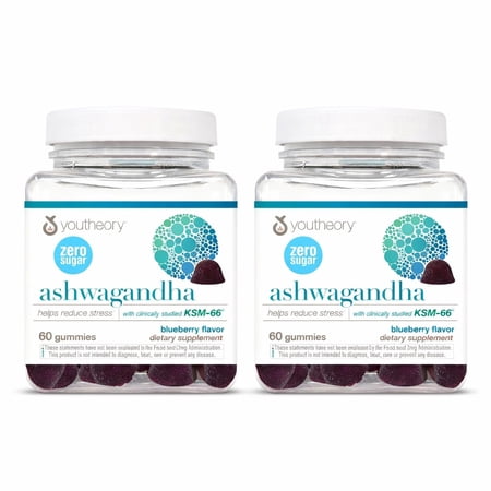 Youtheory Ashwagandha - Vegetarian Energy & Stress Support Supplement with Organic KSM-66 & Ginger Extract - Zero Sugar - Blueberry, 60 Gummies, Pack of 2 (60-Day Supply)