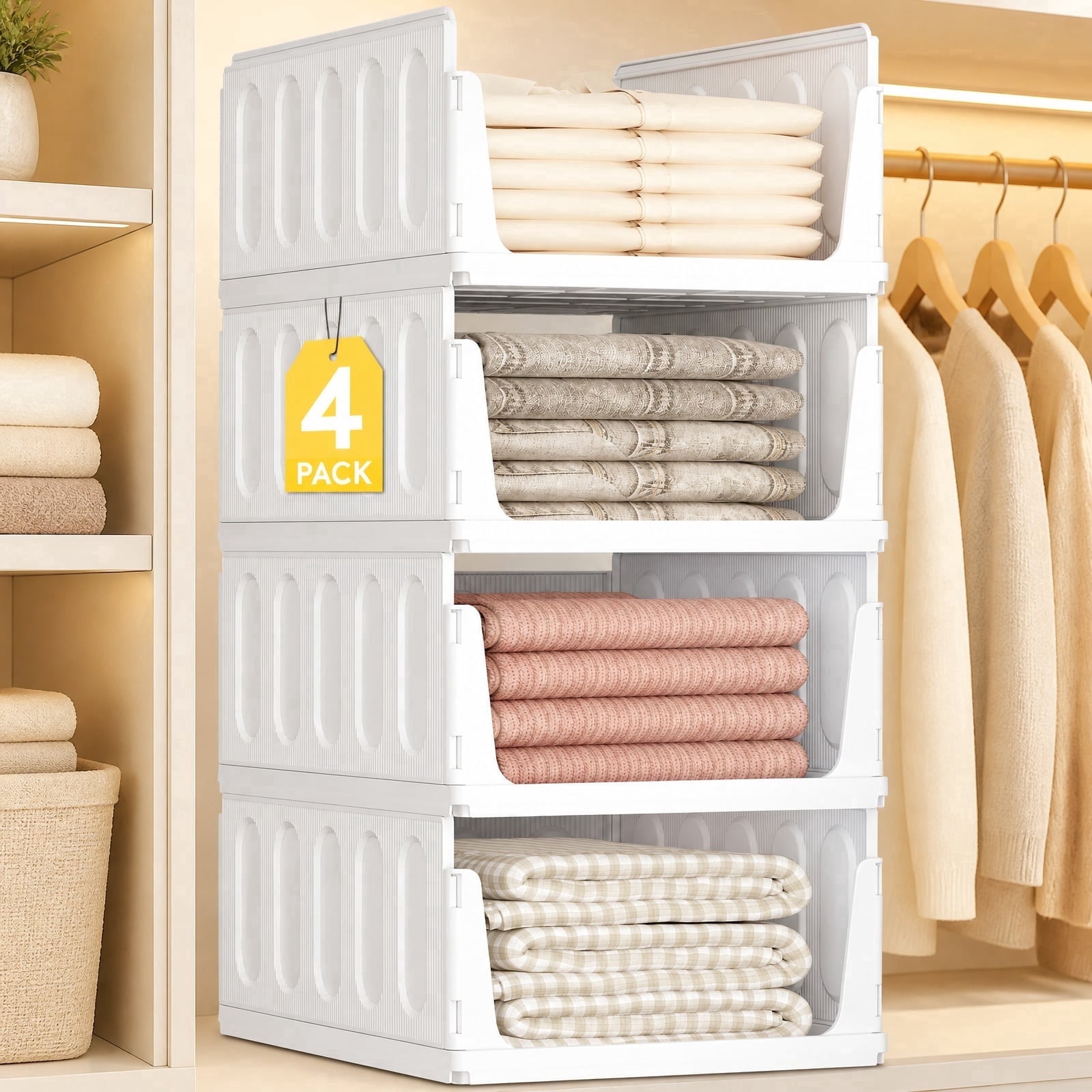 Norcho 4 Pack Stackable Closet Organizers & Plastic Sweater Storage Bins, for RV/Pantry/Shelf/Kitchen/Dorm, 14" Depth