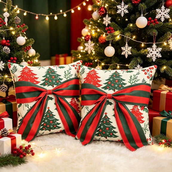 Christmas Throw Pillow Covers 18x18 Inch, Rustic Linen Decorative Square Pillowcases, Farmhouse Holiday Cushion Covers for Couch Sofa Living Room Bedroom Outdoor Home Decor