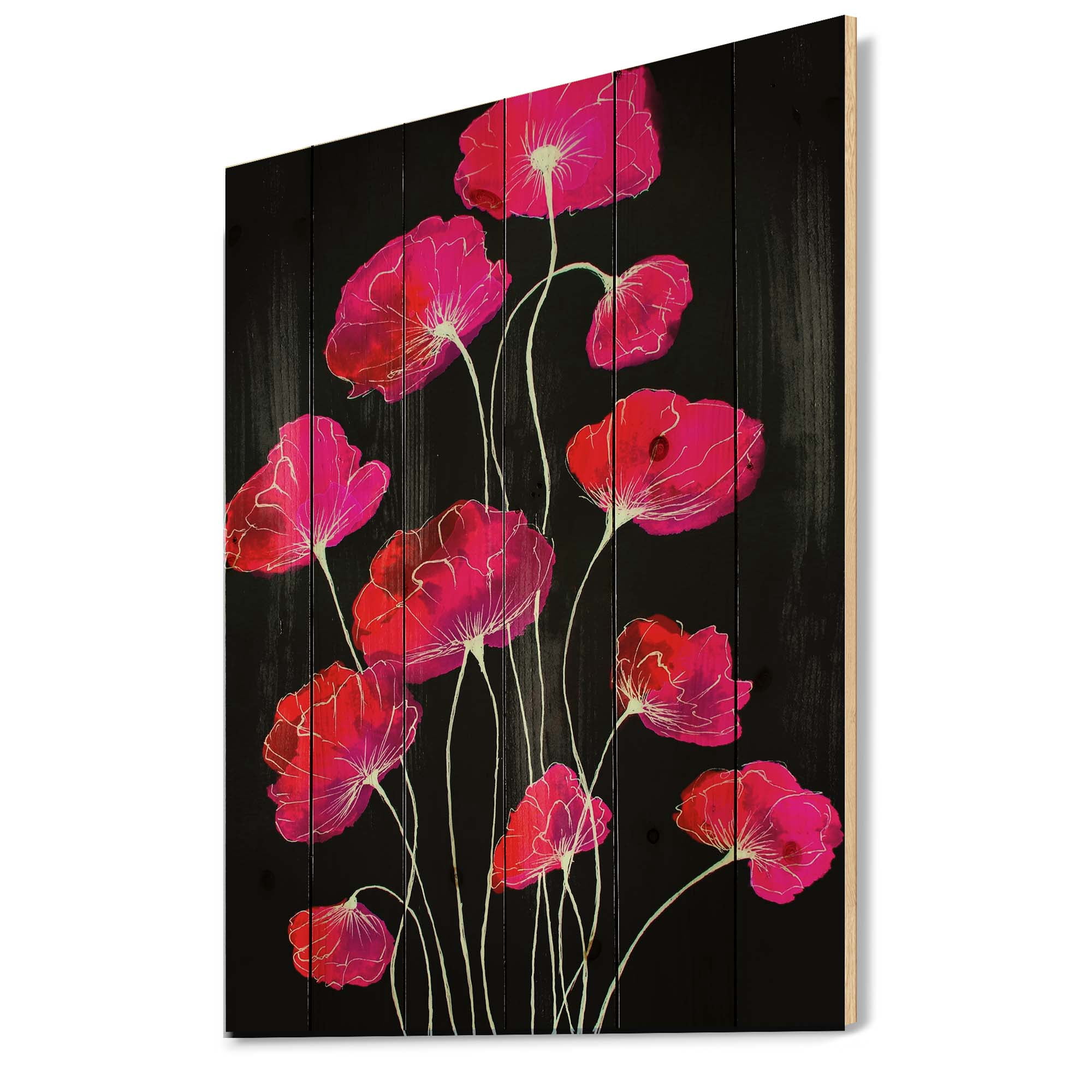 Designart 'Abstract Red Flower Detail On Black Background III' Traditional Print on Natural Pine Wood