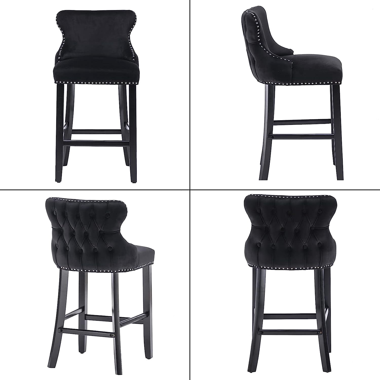Seizeen Counter Height Bar Stools, Set of 2, Wing-back Velvet Dining Chairs with Soft Cushion, Solid Wood Legs, Button Tufted Decoration and Chrome Nailhead Trim, Black