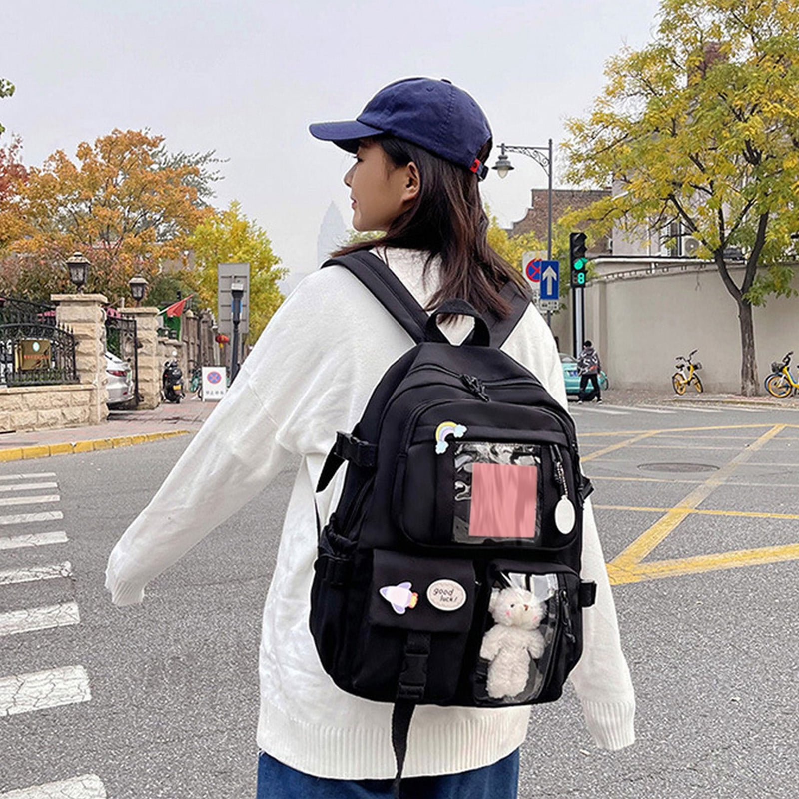 pdqouc Solid Color Backpack School Bag with Cute Hanging Ornament Durable Bags Gift for Teen Women Men