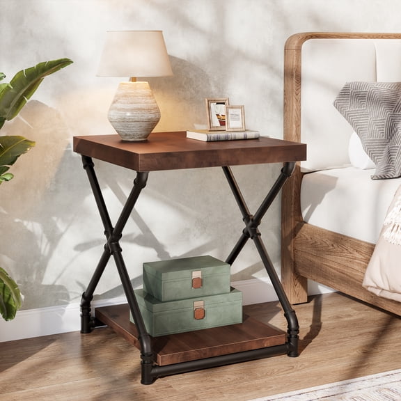 Finmind Solid Wood  Set of 2 End Side Table with Storage Space for Living Room, Small Wood Nightstand for Bedroom, Brown