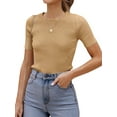 thumbnail image 3 of UVN Blouses for Women Summer Short Sleeve Crew Neck Tops Ribbed Knitted Slim Fit Basic Tees, 3 of 9