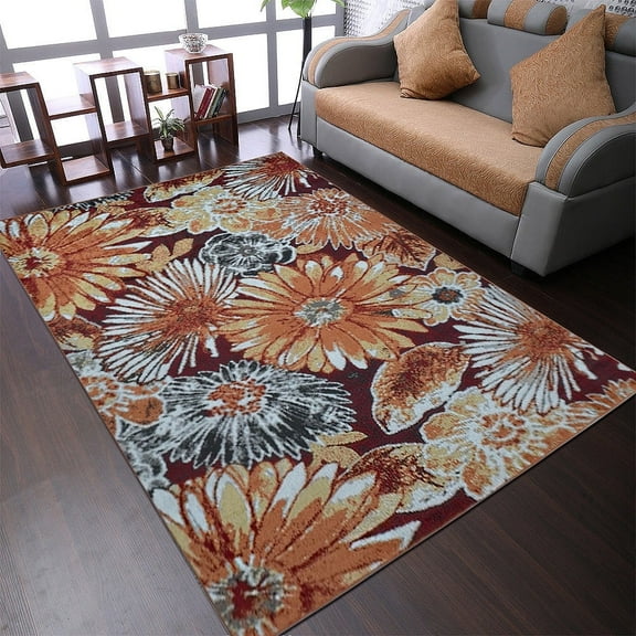 Rugsotic Carpets Machine Made Heatset Polypropylene Area Rugs - 4'X6', Rectangle Shape, Beige Caramel Color, Floral Modern Design, High Pile Machine Made Area Rugs For Living Room, Bed Room (M00030)