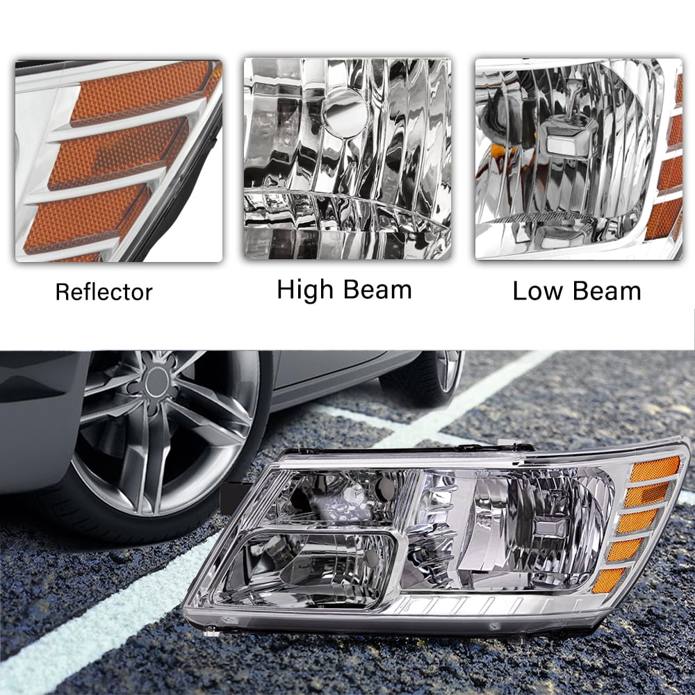 BRYGHT-For 2009-2018 Dodge Journey Chrome Amber Headlight 09-18 Pair Headlamps Assembly