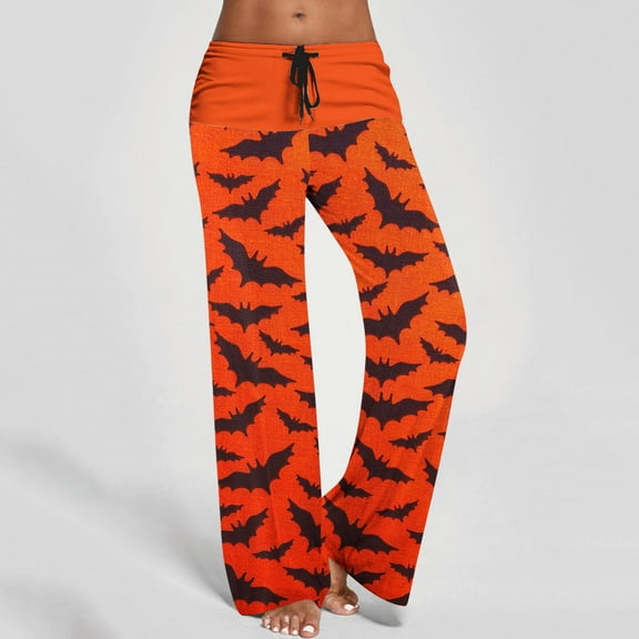 ABPWLY Pants for Women Flare-Leg Pants for Women Casual Halloween Bat Print Flared Pants Loose Lightweight Drawstring Waist Palazzo Trousers Womens Pants