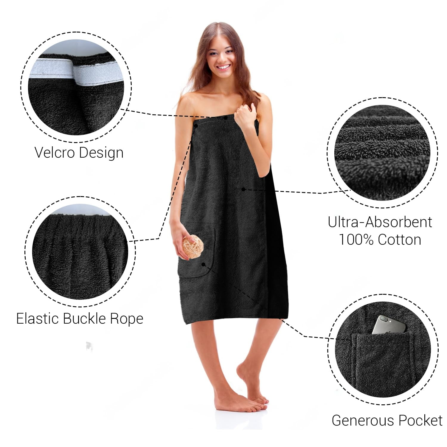 Dan River Shower Wrap With Pocket Pack of 1 Lightweight Terry Cotton Bath Towel Wrap - Black, 32X60in