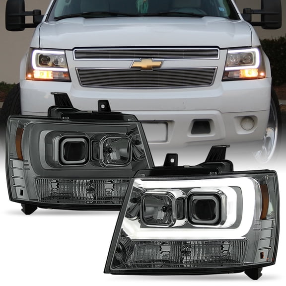 2007-2014 Chevy Suburban Tahoe Avalanche LED DRL Tube Projector Headlights Smoke
