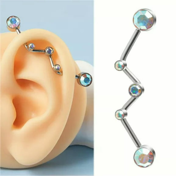 K-KED Gem Opal Industrial Scaffold Piercing Ear Bar Barbell Stainless Steel 14G 32mm-AB Zircon-14 g (1.6 mm)-32mm