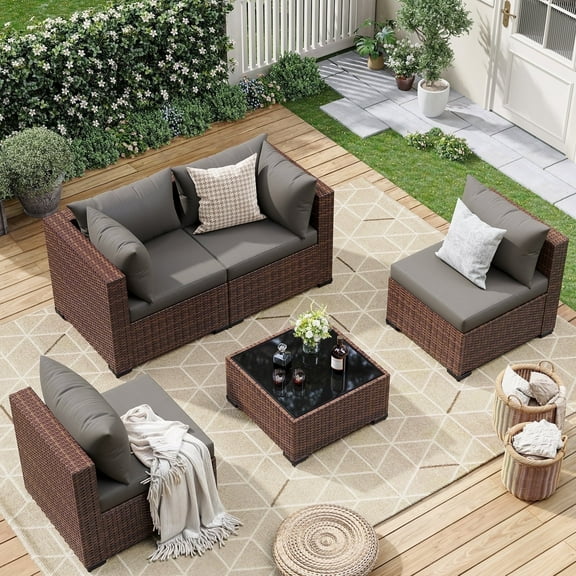 ELPOSUN 5 Pieces Patio Furniture Set All Weather Outdoor Sectional Sofa, Outdoor Modern Sectional Furniture Wicker Couch with Glass Coffee Table, Thicken Gray Cushions, Water Resistant