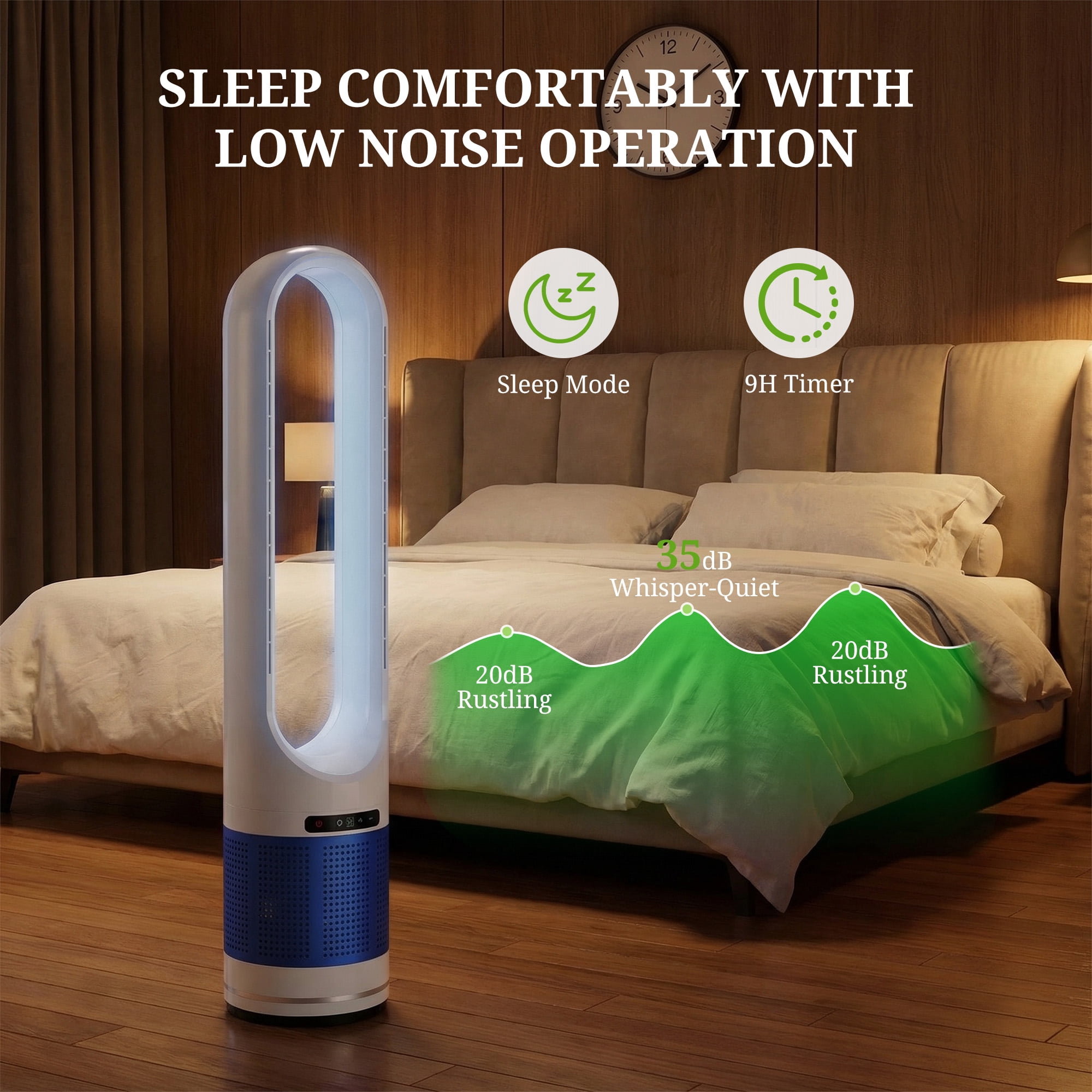 Simenmax 41'' Bladeless Tower Fan, 80° Oscillating Quiet Cooling Fan, 8 Speeds & 8H Timer, Remote Control with LED Display for Home Office Living Room,Blue