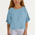 thumbnail image 2 of Big Kid Girls Shirt And Linen Half Sleeved Ruffled Girls Fashionable Round Neck T Shirt Solid Color Loose Casual T Suitable For 5 15 Years Old Dance Tops for Little Sequin Tops 12-13 Years Blue, 2 of 5