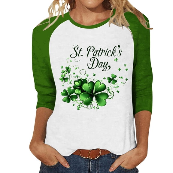 St. Patricks Day Shirts for Women Shamrock Graphic T-Shirt Raglan 3/4 Sleeve Baseball Shirt Loose Fitting Crew Neck Tops