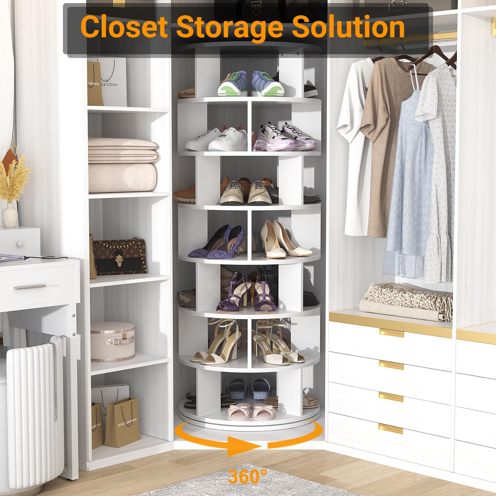 Aheaplus Rotating Shoe Rack Tower, 7-Tier Spinning Shoe Rack 360 Revolving Shoe Rack Organizer for Closet, Display Round Storage Carousel Shoes Closet Organization, White