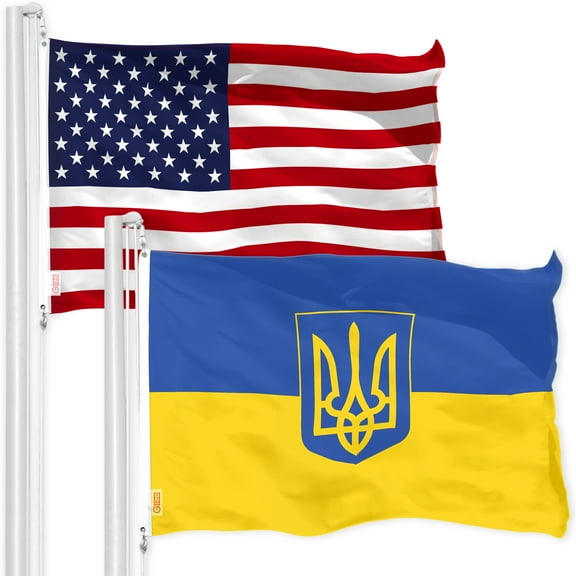 G128 Combo Pack: American USA Flag 4x6 Ft & Ukraine Ukrainian Coat of Arms Flag 4x6 Ft | Both LiteWeave Pro Series Printed 150D Polyester, Brass Grommets